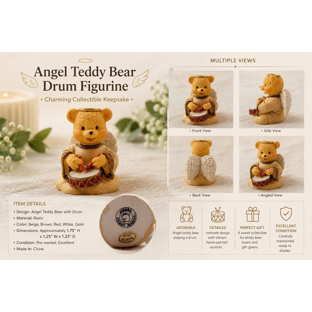 Angel Teddy Babies Bear Playing Drum Figurine Miniature Angelic Collectible